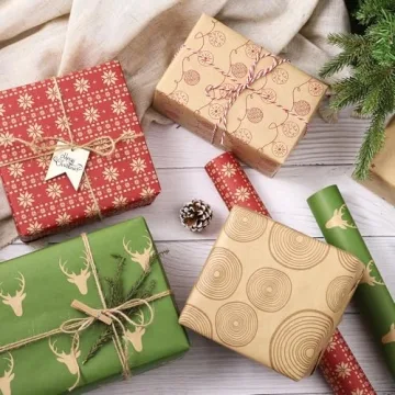 RUSPEPA Christmas Wrapping paper - Brown Kraft Paper with Red and Green Pattern For -Christmas Elements Collection-6 Roll-30Inch X 10Feet Per Roll