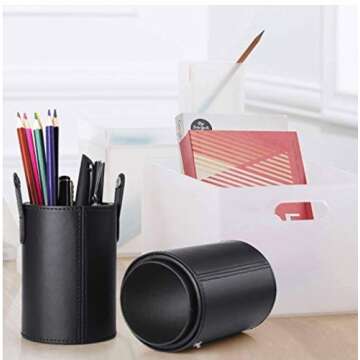 LanMa Makeup Brush Holder,Large Vegan Leather Cylinder Box Bags for Portable Cosmetic Makeup Case Storage Makeup Bags for Traveling or Bedroom Vanity(PU Black)