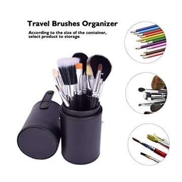 LanMa Makeup Brush Holder,Large Vegan Leather Cylinder Box Bags for Portable Cosmetic Makeup Case Storage Makeup Bags for Traveling or Bedroom Vanity(PU Black)
