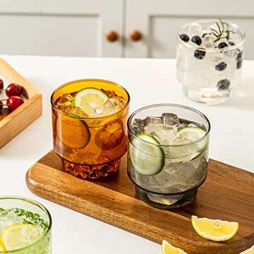 INSETLAN Vintage Glassware Set of 4, Stackable Colored Drinking Glass Cups, Premium Glass Tumbler for Hot & Cold Beverages, Water, Soda, Milk, Juice (L-4 colors)