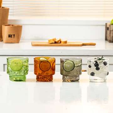 INSETLAN Vintage Glassware Set of 4, Stackable Colored Drinking Glass Cups, Premium Glass Tumbler for Hot & Cold Beverages, Water, Soda, Milk, Juice (L-4 colors)