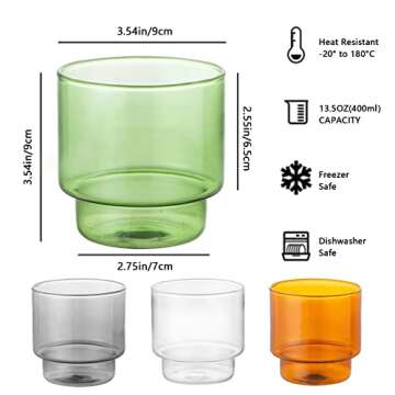 INSETLAN Vintage Glassware Set of 4, Stackable Colored Drinking Glass Cups, Premium Glass Tumbler for Hot & Cold Beverages, Water, Soda, Milk, Juice (L-4 colors)