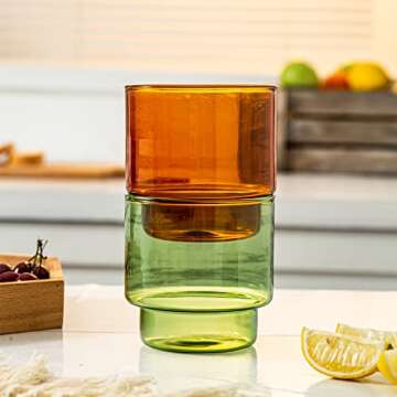 INSETLAN Vintage Glassware Set of 4, Stackable Colored Drinking Glass Cups, Premium Glass Tumbler for Hot & Cold Beverages, Water, Soda, Milk, Juice (L-4 colors)