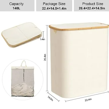 JOYBEST 140L Double Laundry Hamper with Bamboo Handles