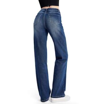 SEVEGO Women's 32"/34"/36" Tall Straight Leg Jeans Mid Waisted Stretchy Loose Denim Pants Casual Baggy Jean Trousers 34'', Blue, XL