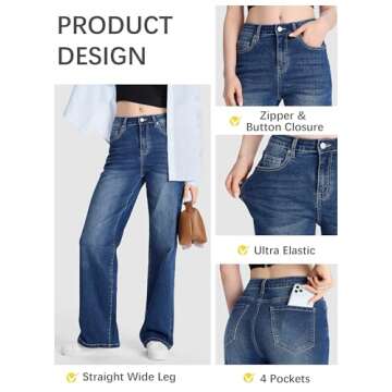 SEVEGO Women's 32"/34"/36" Tall Straight Leg Jeans Mid Waisted Stretchy Loose Denim Pants Casual Baggy Jean Trousers 34'', Blue, XL