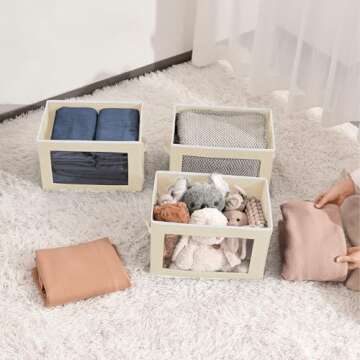Homsorout Fabric Storage Bins with Lids, Storage Cubes with Window, Decorative Storage Boxes Baskets for Organizing, Closet Organizer Storage Bins for Home, Office, 3 Packs, Beige