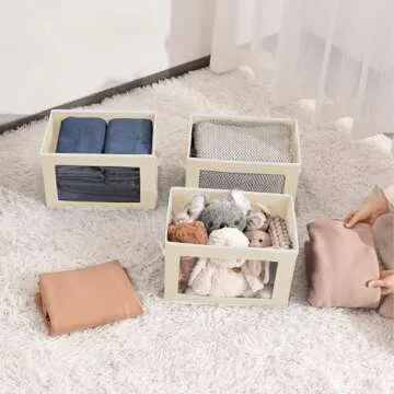 Homsorout Fabric Storage Bins with Lids, Storage Cubes with Window, Decorative Storage Boxes Baskets for Organizing, Closet Organizer Storage Bins for Home, Office, 3 Packs, Beige