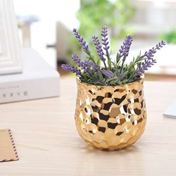 MyGift 4-Inch Ceramic Flower Plant Vase with Metallic Gold-Tone Finish and Hammered Texture - Handcrafted in India