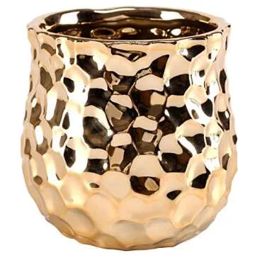 MyGift 4-Inch Ceramic Flower Plant Vase with Metallic Gold-Tone Finish and Hammered Texture - Handcrafted in India