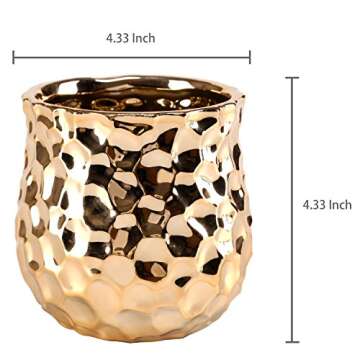 MyGift 4-Inch Ceramic Flower Plant Vase with Metallic Gold-Tone Finish and Hammered Texture - Handcrafted in India