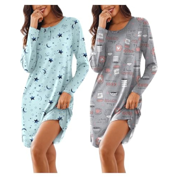 Ekouaer 2 Pack Sleepwear for Women Loose Nightshirt Comfy Nightgowns Ladies Soft Loungewear Pj Dress