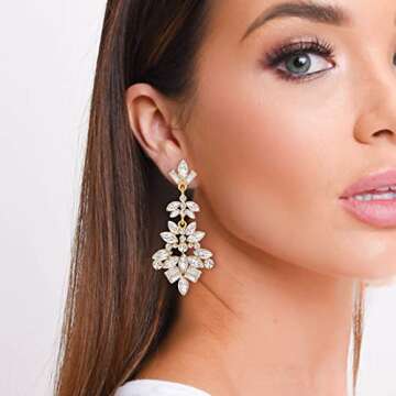 EleQueen Fashion Marquise Square Cluster Art Deco Crystal Vintage Style Statement Drop Dangle Earrings for Women Clear Gold-Tone