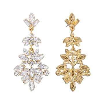 EleQueen Fashion Marquise Square Cluster Art Deco Crystal Vintage Style Statement Drop Dangle Earrings for Women Clear Gold-Tone