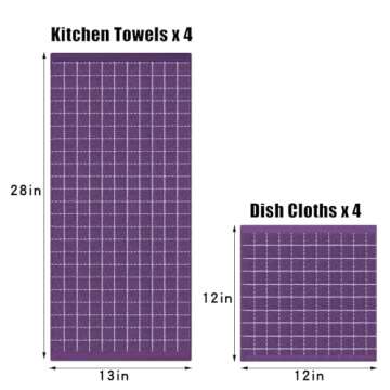 Homaxy Kitchen Towels and Dishcloths Set, 12 x 12 and 13 x 28 Inches, Set of 8 Bulk Cotton Terry Kitchen Towels Set, Checkered Designed, Soft and Super Absorbent Dish Towels, Purple