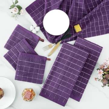 Homaxy Kitchen Towels and Dishcloths Set, 12 x 12 and 13 x 28 Inches, Set of 8 Bulk Cotton Terry Kitchen Towels Set, Checkered Designed, Soft and Super Absorbent Dish Towels, Purple