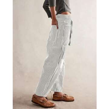 SAFRISIOR Women Striped Patchwork Pants Drawstring Barrel Pant Wide Leg Baggy Slouchy Casual Streetwear Y2k Trousers with Pockets Grey