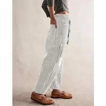 SAFRISIOR Women Striped Patchwork Pants Drawstring Barrel Pant Wide Leg Baggy Slouchy Casual Streetwear Y2k Trousers with Pockets Grey