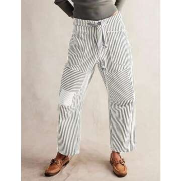 SAFRISIOR Women Striped Patchwork Pants Drawstring Barrel Pant Wide Leg Baggy Slouchy Casual Streetwear Y2k Trousers with Pockets Grey