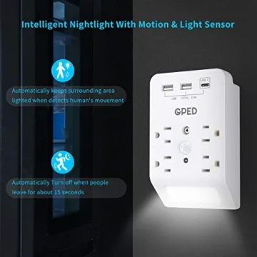 USB Wall Outlet Surge Protector with Night Light