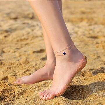 Tarsus Blue Evil Eye Anklet for Women Adjustable Ojo Turco Kabbalah Amulet Nazar Layered Women Anklets