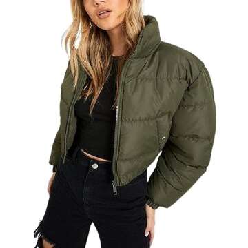 Gihuo Womens Cropped Quilted Puffer Jacket Lightweight Padded Coat Warm Puffy Coat Zip UP Bubble Coats with Pockets(Army-M)
