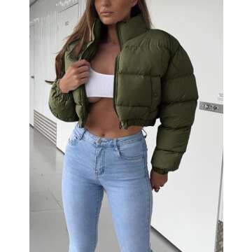 Gihuo Womens Cropped Quilted Puffer Jacket Lightweight Padded Coat Warm Puffy Coat Zip UP Bubble Coats with Pockets(Army-M)