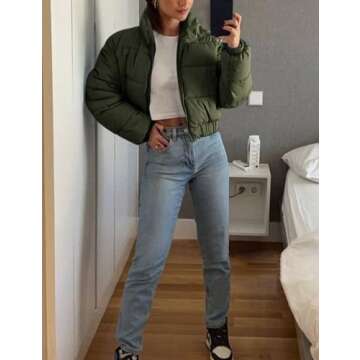 Gihuo Womens Cropped Quilted Puffer Jacket Lightweight Padded Coat Warm Puffy Coat Zip UP Bubble Coats with Pockets(Army-M)