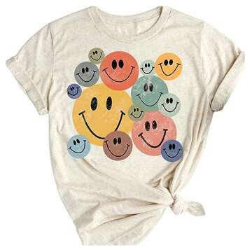 Beopjesk Women's Keep Smile T-Shirt Casual Short Sleeve Round Neck Vintage Smile Face Retro Graphic ...