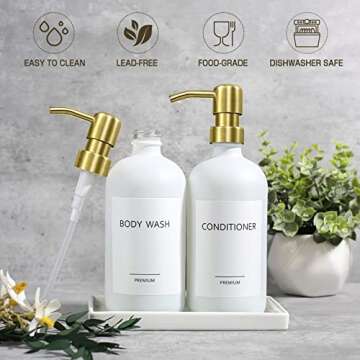 GMITING Hand and Dish Soap Dispenser Set, Kitchen Soap Dispenser Set with Ceramic Tray, 2 Pack 16 Oz White Thick Glass Liquid Bottle with Gold Pump for Bathroom Decor, Modern Lotion Dispensers Bottles