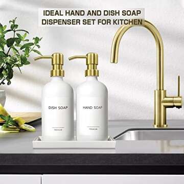 GMITING Hand and Dish Soap Dispenser Set, Kitchen Soap Dispenser Set with Ceramic Tray, 2 Pack 16 Oz White Thick Glass Liquid Bottle with Gold Pump for Bathroom Decor, Modern Lotion Dispensers Bottles