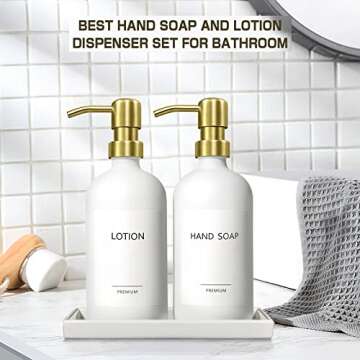 GMITING Hand and Dish Soap Dispenser Set, Kitchen Soap Dispenser Set with Ceramic Tray, 2 Pack 16 Oz White Thick Glass Liquid Bottle with Gold Pump for Bathroom Decor, Modern Lotion Dispensers Bottles