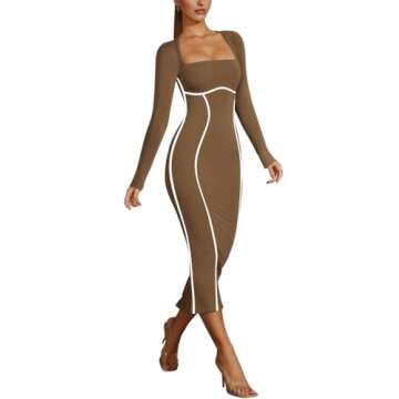 Lrady Women's Sexy Square Neck Bodycon Midi Dresses Elegant Long Sleeve Back Slit Long Cocktail Club Dress, Brown, X-Large