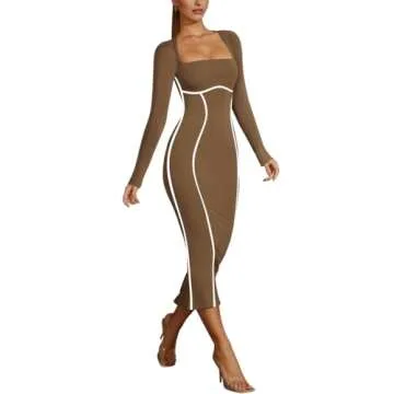 Lrady Women's Sexy Square Neck Bodycon Midi Dresses Elegant Long Sleeve Back Slit Long Cocktail Club Dress, Brown, X-Large
