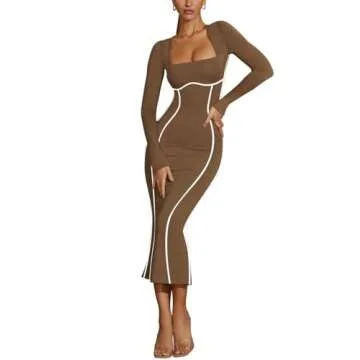 Lrady Women's Sexy Square Neck Bodycon Midi Dresses Elegant Long Sleeve Back Slit Long Cocktail Club Dress, Brown, X-Large