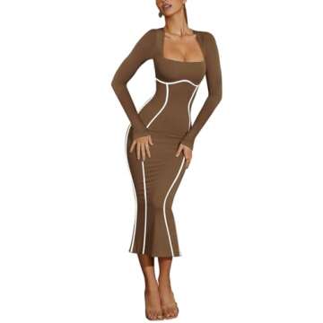 Lrady Women's Sexy Square Neck Bodycon Midi Dresses Elegant Long Sleeve Back Slit Long Cocktail Club Dress, Brown, X-Large
