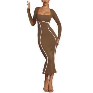 Lrady Women's Sexy Square Neck Bodycon Midi Dresses Elegant Long Sleeve Back Slit Long Cocktail Club Dress, Brown, X-Large