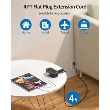Travel Power Strip with USB Ports, NTONPOWER 4ft Flat Plug Wrapped Around Short Extension Cord with 4 Outlets 3 USB Ports, Compact for Cruise Travel Essential Hotel Home Office, Black