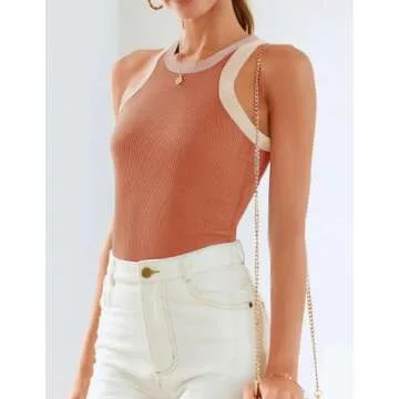 ZESICA Womens Summer Sleeveless Tank Tops Ribbed High Neck Racerback Slim Fitted Color Block Casual Shirts,Coral,Small