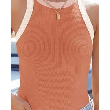 ZESICA Womens Summer Sleeveless Tank Tops Ribbed High Neck Racerback Slim Fitted Color Block Casual Shirts,Coral,Small