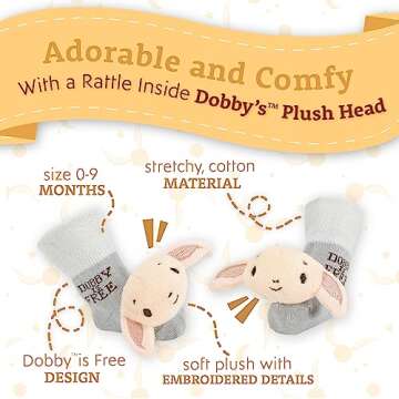 Kids Preferred Harry Potter Dobby Baby Infant Rattle Socks with Dobby Plush Rattle and Dobby is Free - Soft Baby Sock Feet Rattles Encourage Leaning Development Newborn to 9 Months