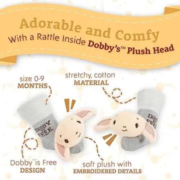 Kids Preferred Harry Potter Dobby Baby Infant Rattle Socks with Dobby Plush Rattle and Dobby is Free - Soft Baby Sock Feet Rattles Encourage Leaning Development Newborn to 9 Months