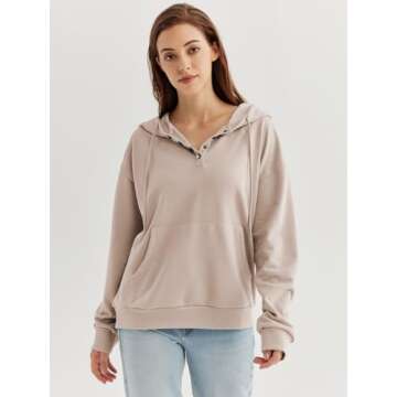 Ezymall Womens Casual Hoodies Pullover Tops Cream Long Sleeve Crewneck Sweatshirts Cruise Clothes With Pocket