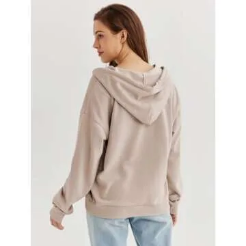 Ezymall Womens Casual Hoodies Pullover Tops Cream Long Sleeve Crewneck Sweatshirts Cruise Clothes With Pocket