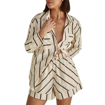 Bufushaoh Women's Striped 2 Piece Outfits Casual Oversized Button Down Shirts and Short Lounge Pajam...