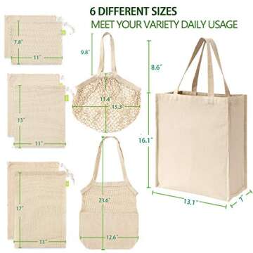 Reusable Produce Bags, Organic Cotton Mesh Bags Muslin Bags with Drawstring 9 Pack 6 Sizes, Large Canvas Bag for Shopping & Storage, Washable, Biodegradable, Eco-friendly, Tare Weight on Color Tag