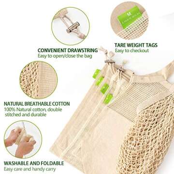 Reusable Produce Bags, Organic Cotton Mesh Bags Muslin Bags with Drawstring 9 Pack 6 Sizes, Large Canvas Bag for Shopping & Storage, Washable, Biodegradable, Eco-friendly, Tare Weight on Color Tag