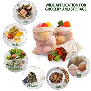 Reusable Produce Bags, Organic Cotton Mesh Bags Muslin Bags with Drawstring 9 Pack 6 Sizes, Large Canvas Bag for Shopping & Storage, Washable, Biodegradable, Eco-friendly, Tare Weight on Color Tag