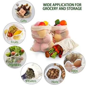 Reusable Produce Bags, Organic Cotton Mesh Bags Muslin Bags with Drawstring 9 Pack 6 Sizes, Large Canvas Bag for Shopping & Storage, Washable, Biodegradable, Eco-friendly, Tare Weight on Color Tag