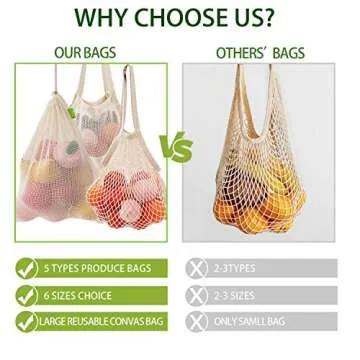 Reusable Produce Bags, Organic Cotton Mesh Bags Muslin Bags with Drawstring 9 Pack 6 Sizes, Large Canvas Bag for Shopping & Storage, Washable, Biodegradable, Eco-friendly, Tare Weight on Color Tag